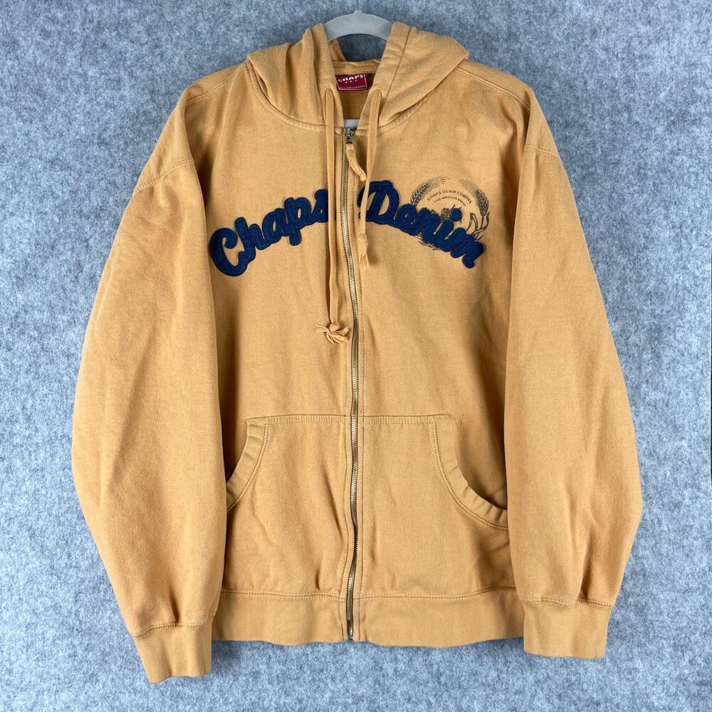 Vintage Chaps Denim Hoodie Sweatshirt Mens XL Yellow Full Zip Fleece 3D Logo‎